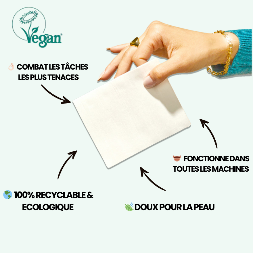 Feuilles de Lessive Peau Sensible - Hypoallergéniques, Zéro Plastique, Efficaces sur Taches tenaces